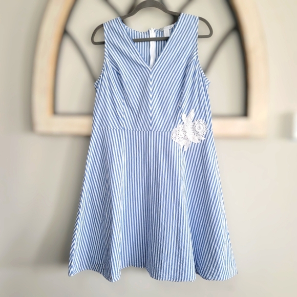 London Times blue & white striped sleeveless Fit And Flare dress, Sz 16 - Picture 2 of 6